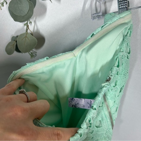 Alya | Strapless Floral Lace Light Blue Teal Aqua Sweetheart Midi Dress Size XS - Picture 9 of 13